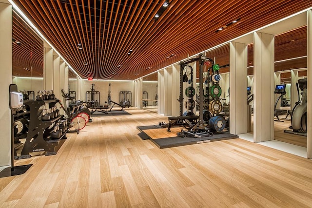 exercise room with light wood-type flooring