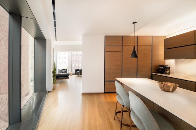 kitchen with hanging light fixtures, light hardwood / wood-style flooring, and a breakfast bar area