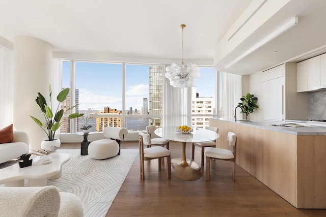 dining space featuring a view of city, a notable chandelier, and wood finished floors