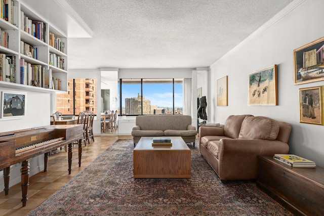 tiled living room with a city view, crown molding, and a textured ceiling