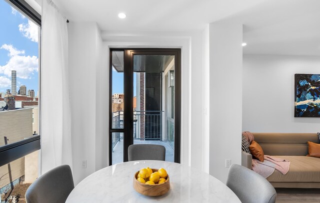 dining room with hardwood / wood-style floors and expansive windows