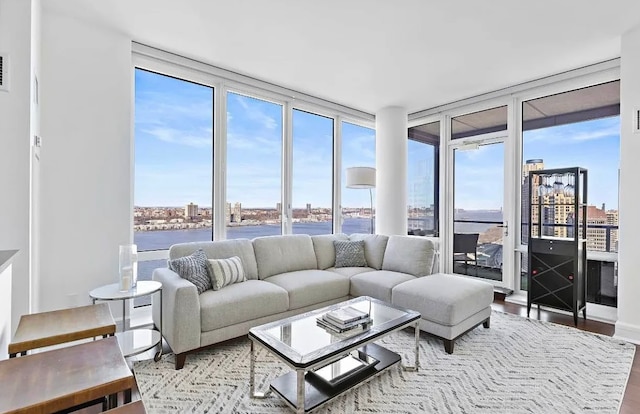 living room featuring floor to ceiling windows, wood-type flooring, and a water view