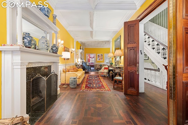 hallway with beam ceiling and coffered ceiling