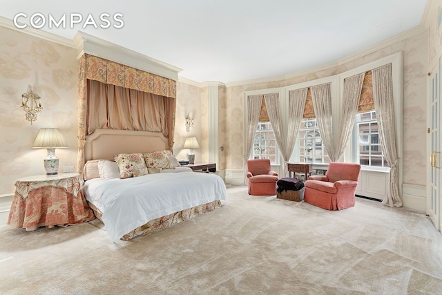 bedroom with wallpapered walls, carpet, and crown molding