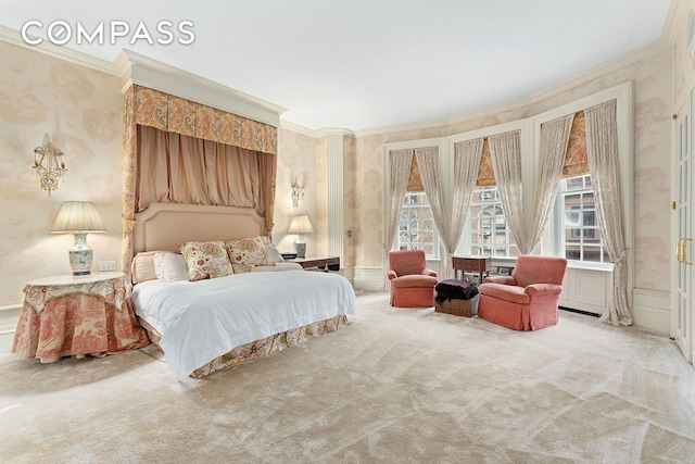 bedroom with wallpapered walls, carpet flooring, and crown molding