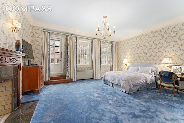 bedroom featuring a chandelier, wallpapered walls, ornamental molding, and carpet