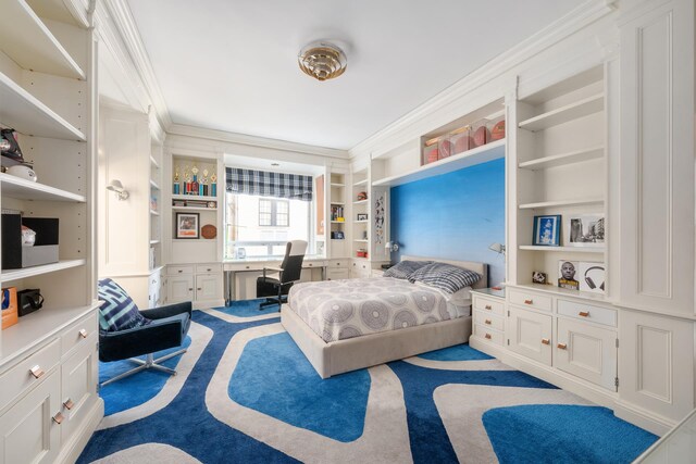 carpeted bedroom with ornamental molding