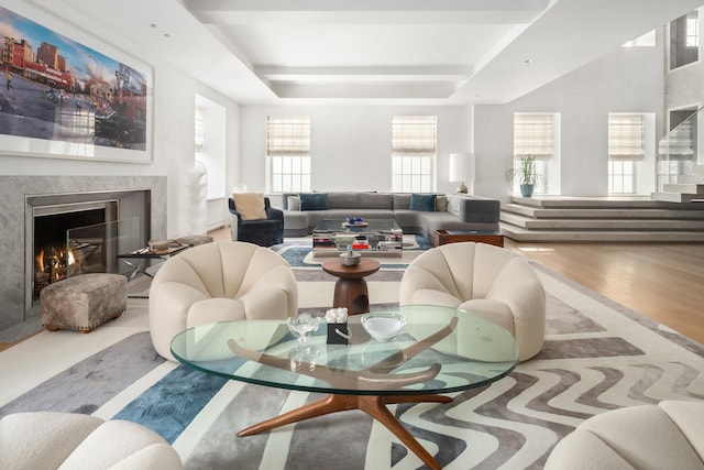 interior space with stairway, wood finished floors, a tray ceiling, and a premium fireplace