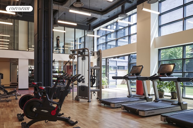 exercise room featuring a towering ceiling and hardwood / wood-style floors