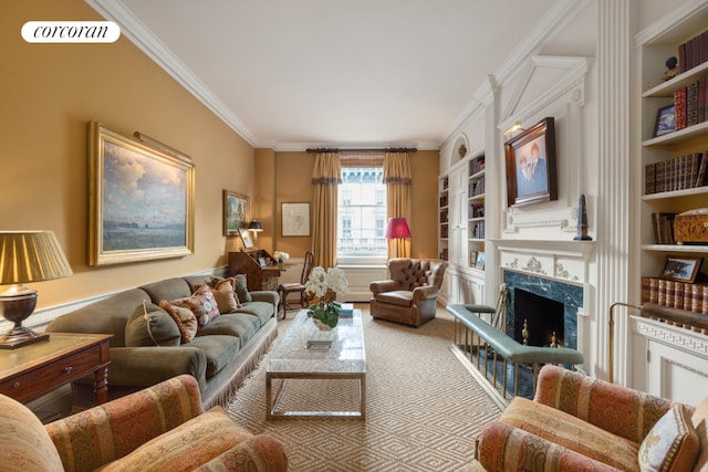 living room with carpet, built in shelves, a fireplace, and ornamental molding