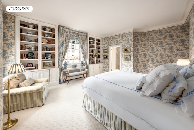 carpeted bedroom featuring crown molding