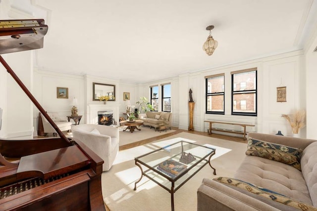 living room with crown molding