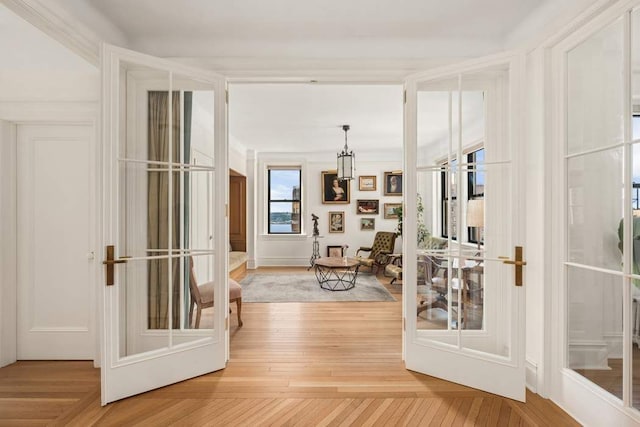 interior space featuring french doors and light hardwood / wood-style floors