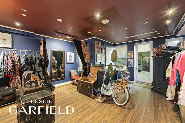 miscellaneous room featuring hardwood / wood-style flooring and ornamental molding