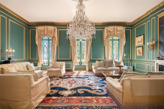 sitting room with crown molding, a notable chandelier, and wallpapered walls