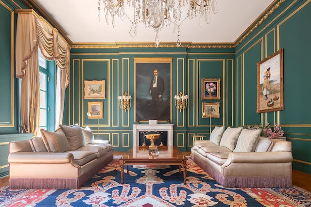 interior space with a notable chandelier, ornamental molding, and wallpapered walls