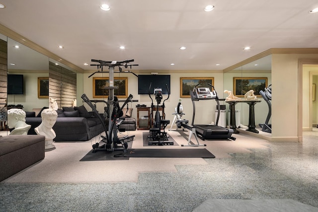 workout room with recessed lighting, crown molding, and baseboards