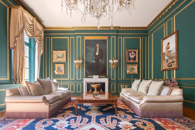 interior space with ornamental molding and a chandelier