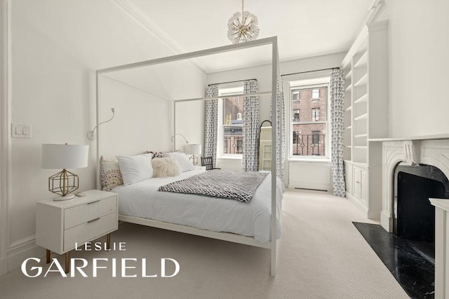 bedroom featuring light carpet, crown molding, and a fireplace