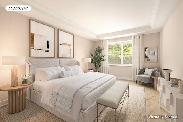 bedroom featuring crown molding, a raised ceiling, and light parquet flooring