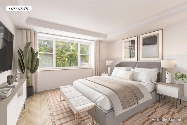 bedroom featuring crown molding, a raised ceiling, and light parquet floors