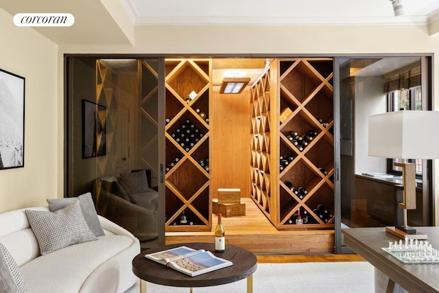 wine area featuring crown molding and wood-type flooring