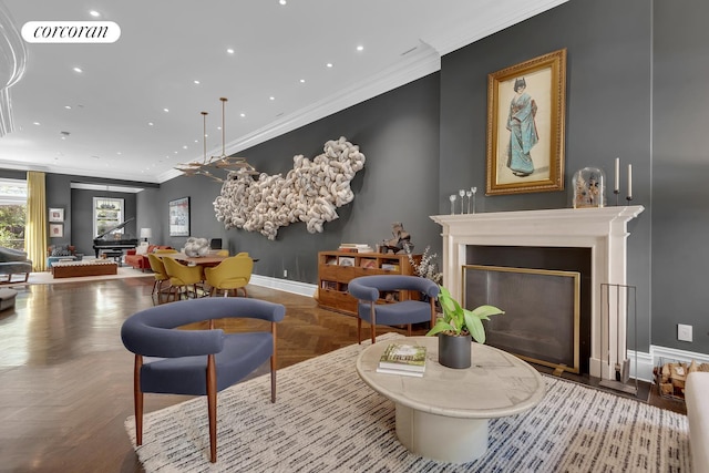 interior space featuring recessed lighting, a fireplace with flush hearth, visible vents, baseboards, and ornamental molding