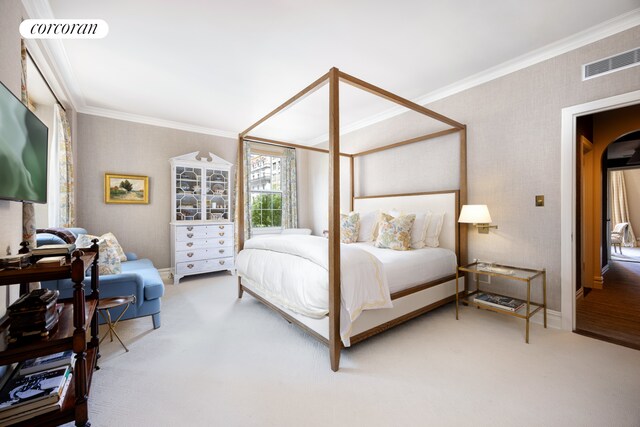 1112 Park Ave Unit 4B, New York City, NY 10128 - bedroom featuring carpet floors, ornamental molding, and visible vents