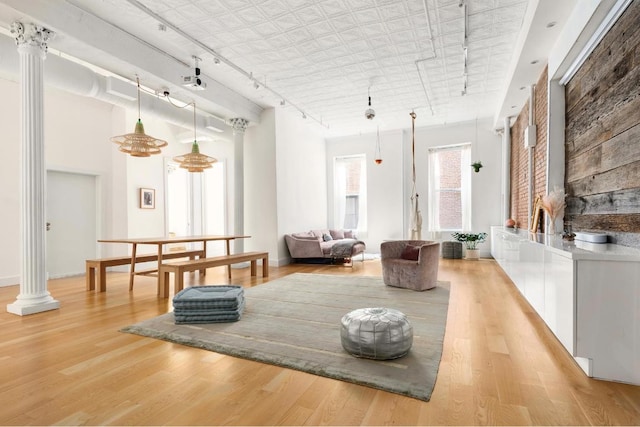 living room featuring light hardwood / wood-style floors and ornate columns