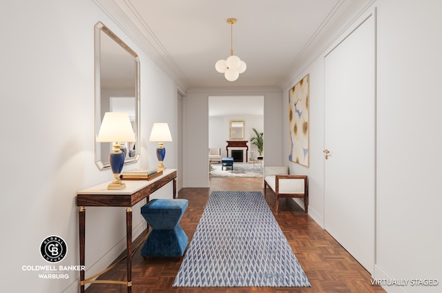 corridor with dark parquet floors and crown molding