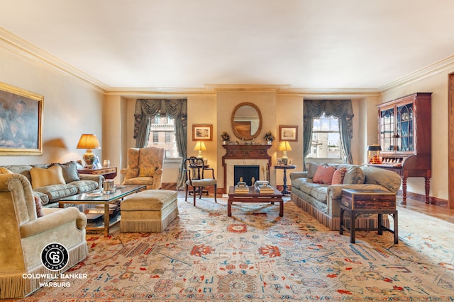 living room featuring ornamental molding