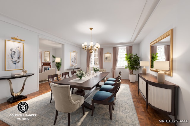 dining room with an inviting chandelier, crown molding, and dark parquet floors