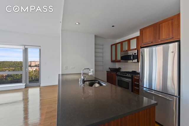 kitchen with appliances with stainless steel finishes, a sink, light wood-type flooring, tasteful backsplash, and glass insert cabinets
