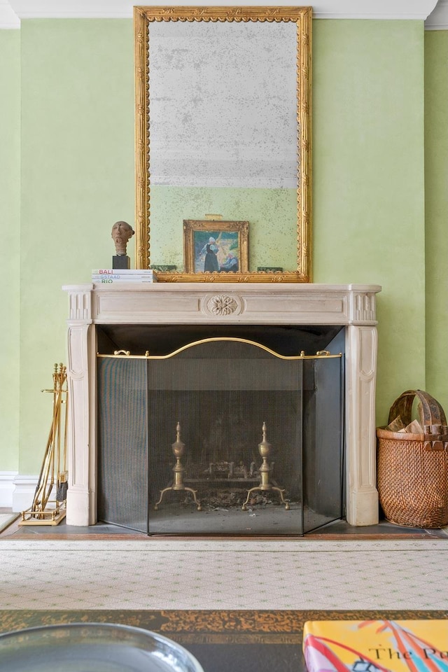 interior details with a fireplace