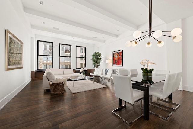 dining room featuring dark wood-type flooring, beam ceiling, and baseboards