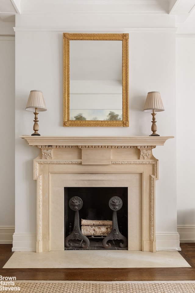 details with wood finished floors, a high end fireplace, and baseboards