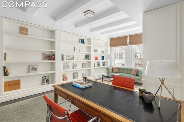 home office featuring built in features and beam ceiling