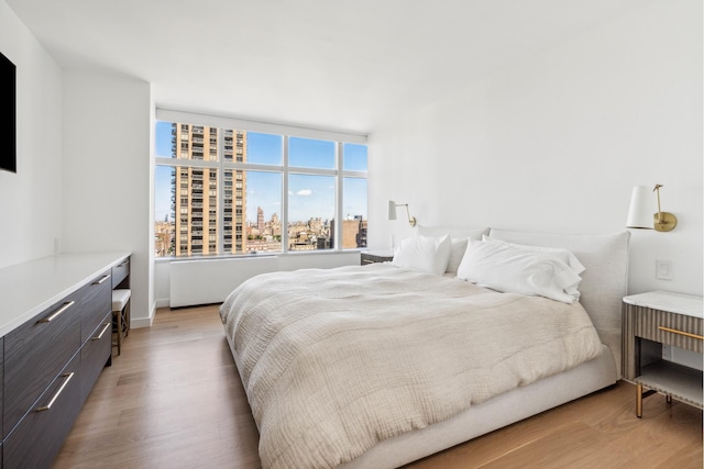 bedroom featuring a city view and light wood-style floors