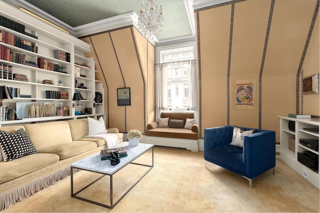 living area with crown molding, light colored carpet, and an inviting chandelier