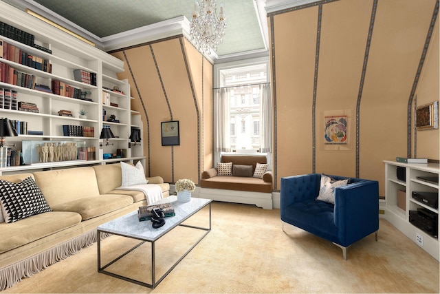 sitting room with crown molding, carpet flooring, and a chandelier