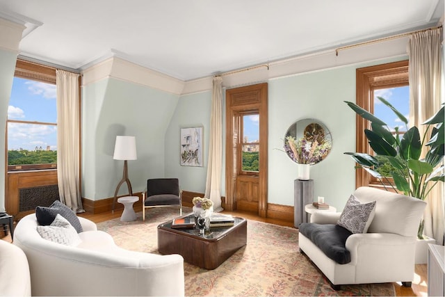 living room with hardwood / wood-style flooring and ornamental molding