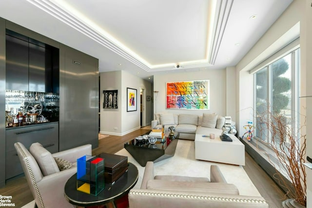 living area with a tray ceiling, baseboards, and wood finished floors