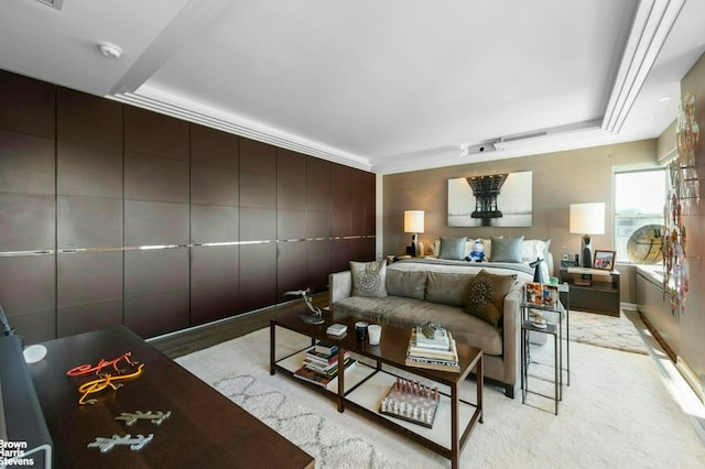 living room featuring a raised ceiling