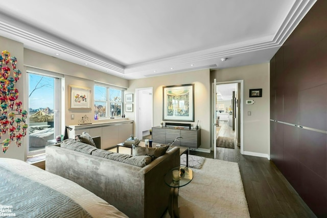 interior space with dark wood-style floors, a tray ceiling, access to exterior, recessed lighting, and baseboards