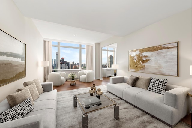 living room featuring a view of city and wood finished floors