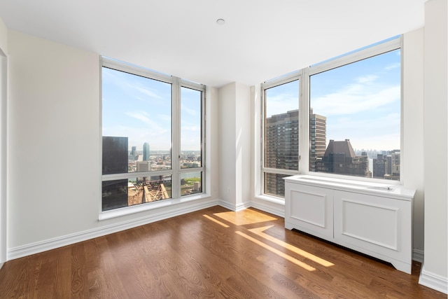 unfurnished room featuring baseboards, a city view, and wood finished floors