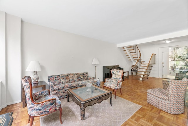 living room with light parquet floors