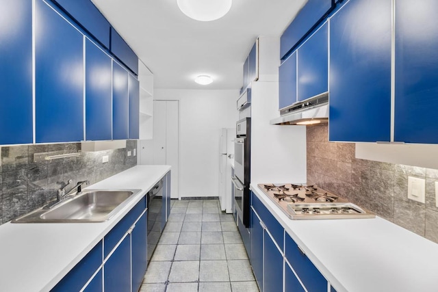 kitchen with blue cabinetry, black dishwasher, stainless steel gas stovetop, and sink