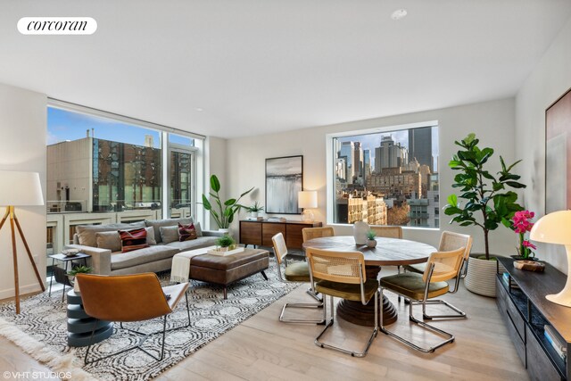 living room featuring expansive windows and light hardwood / wood-style floors