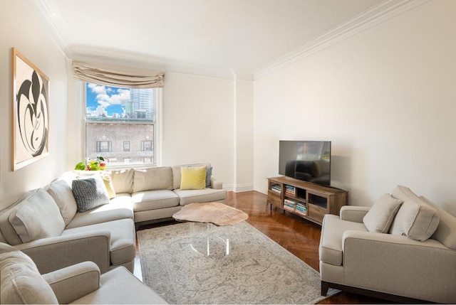 living room with ornamental molding and dark hardwood / wood-style floors